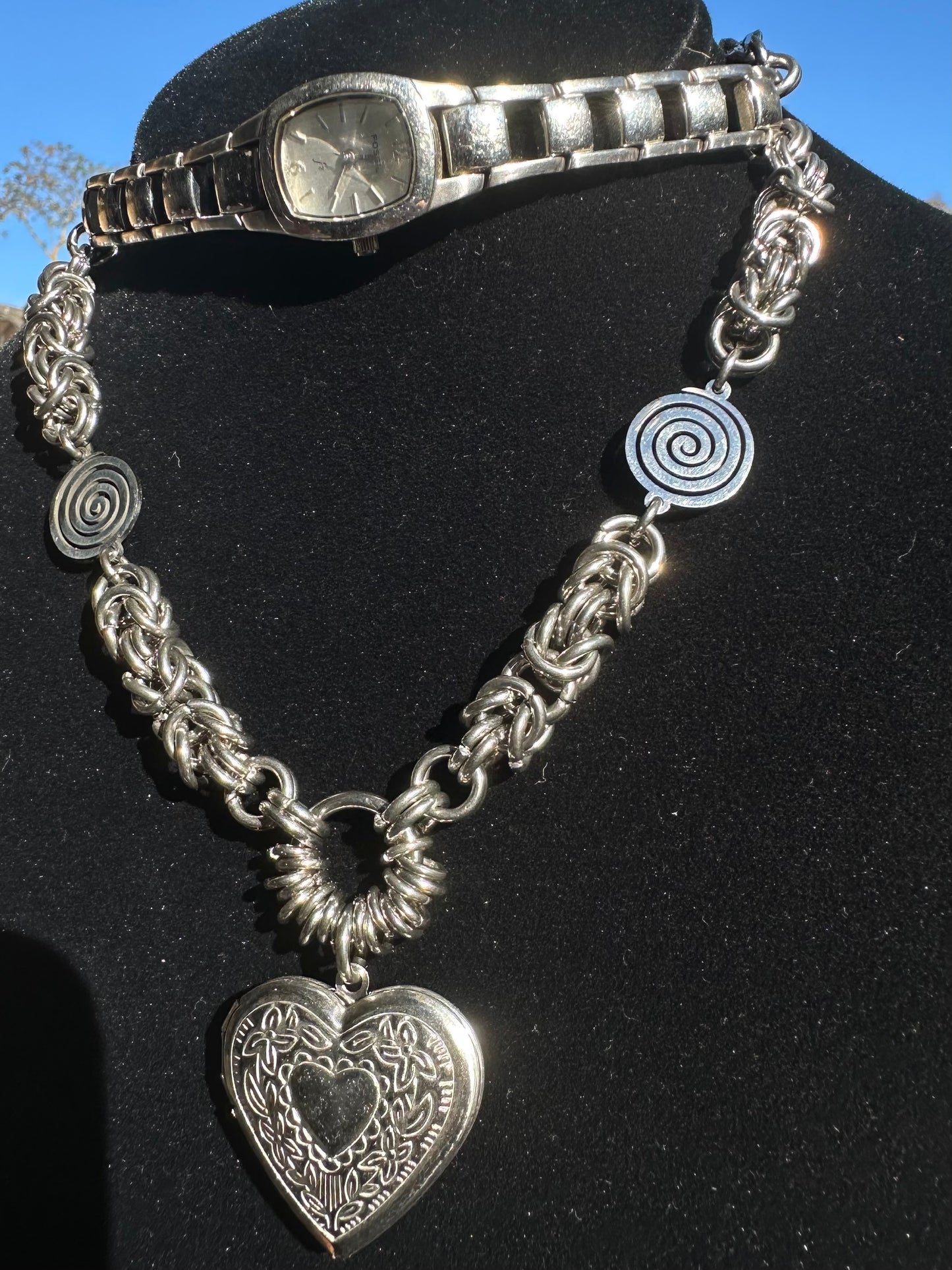 Stainless Steel Chainmaille Watch Choker w/ Spirals and Heart Locket