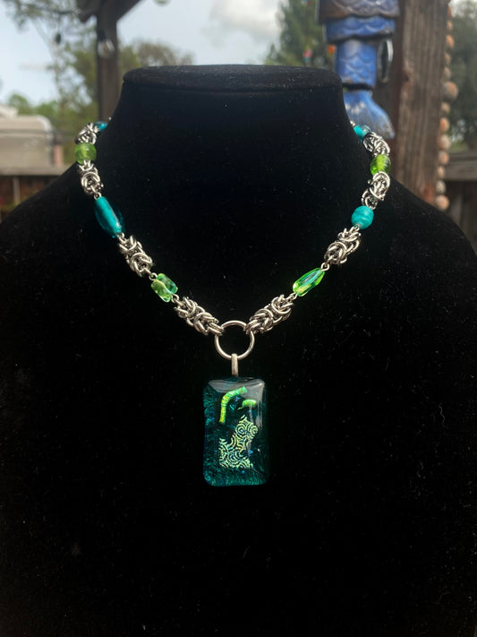 Blue & Green Dichroic Glass Chainmaile Necklace