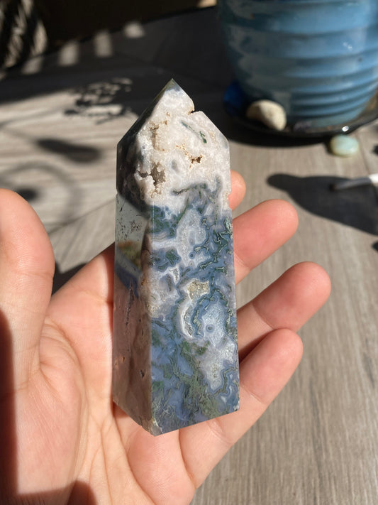 Moss Agate Tower with Druzy