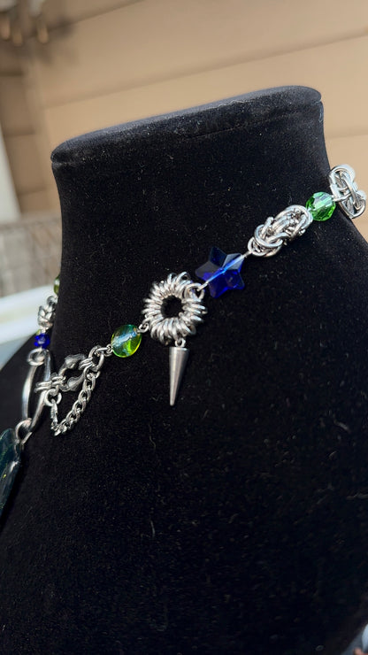 Dichroic Glass Green & Blue Stainless Steel Chainmaille Necklace