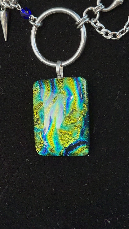 Dichroic Glass Green & Blue Stainless Steel Chainmaille Necklace
