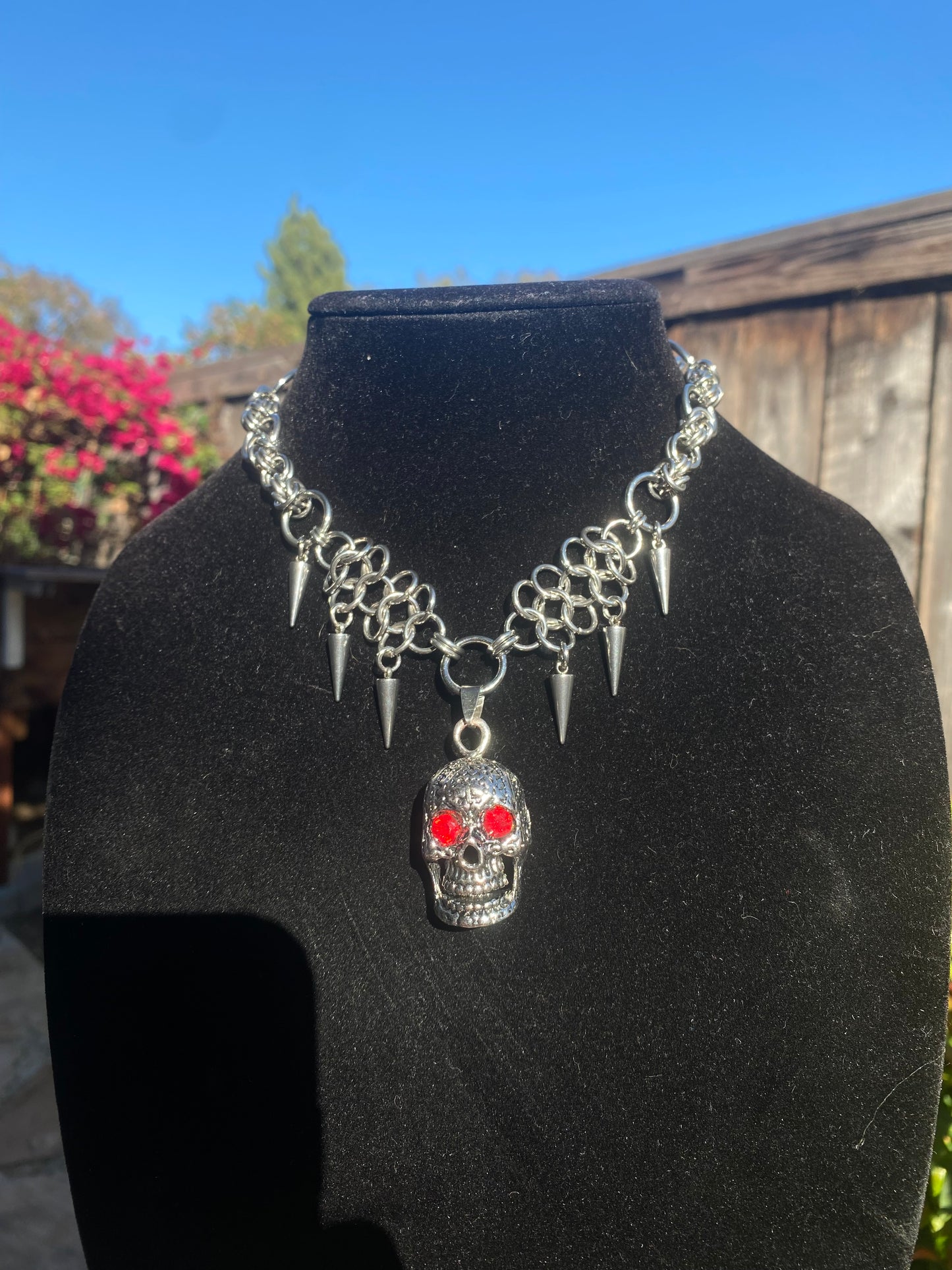 Stainless Steel Chainmail Spike Skull Necklace 