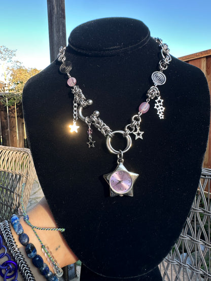 Celestial Pink Watch Star Chainmaile Necklace