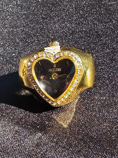 Black Heart Studded Gold Ring Watch