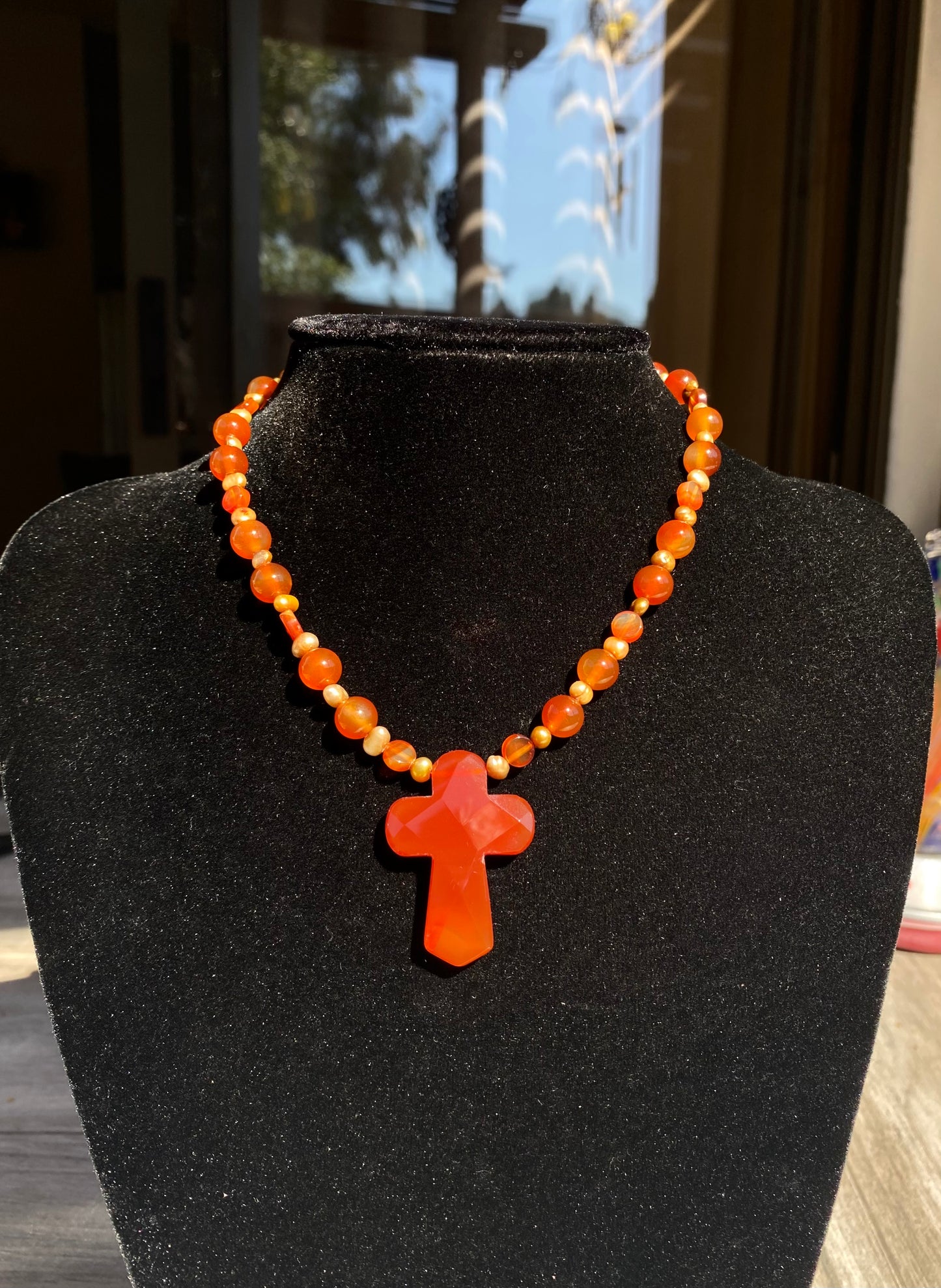 Carnelian Cross & Freshwater Pearl Necklace