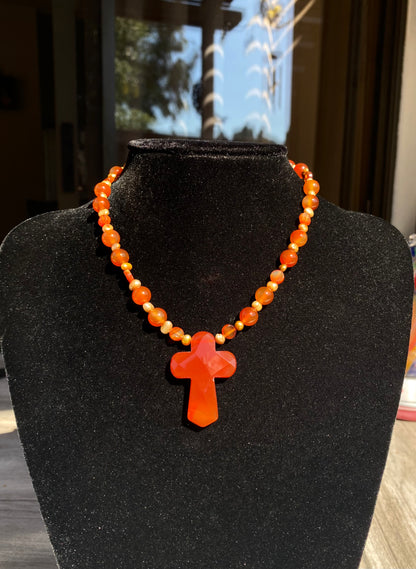 Carnelian Cross & Freshwater Pearl Necklace