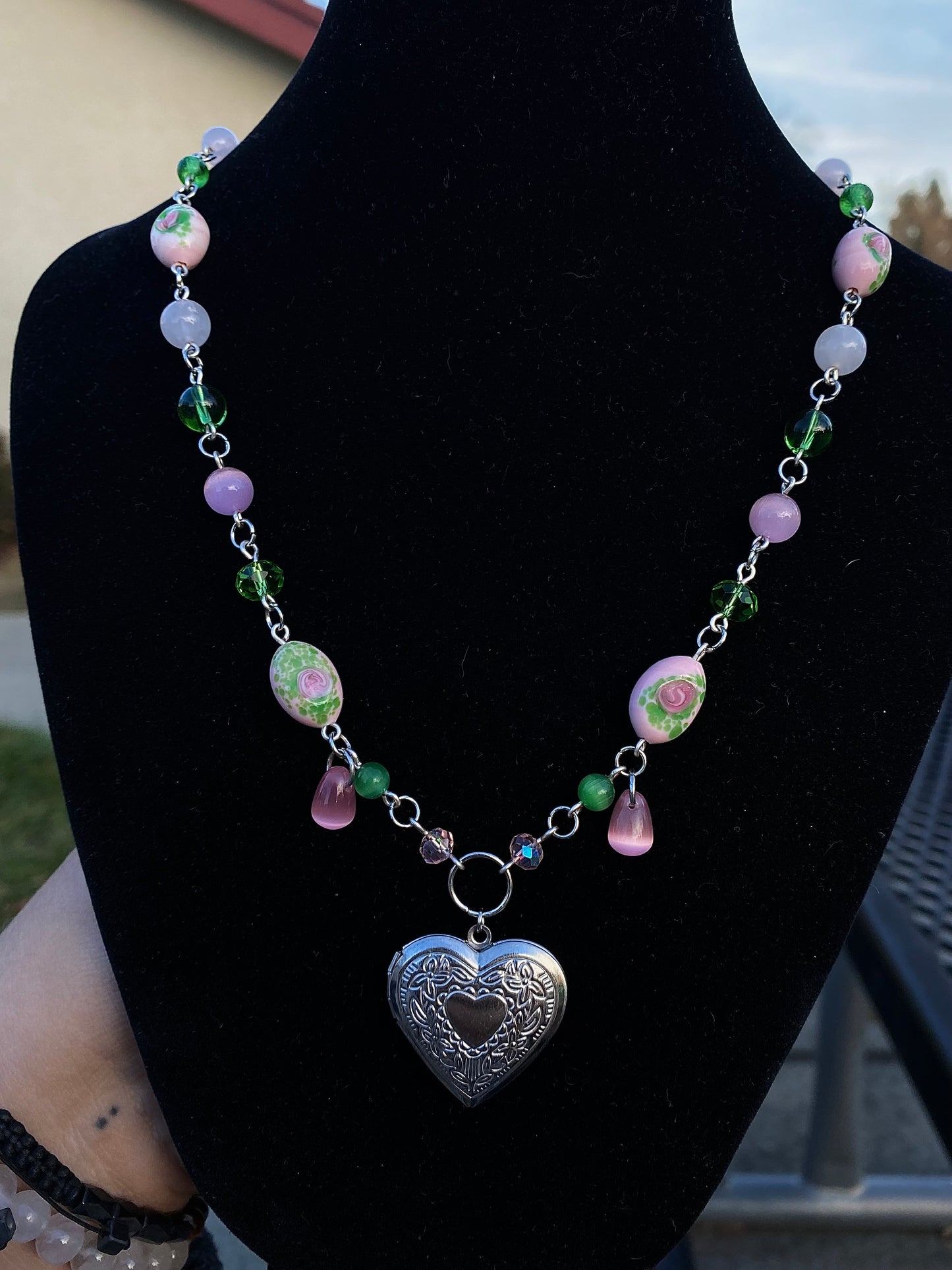 Pink & Green Heart Locket Necklace