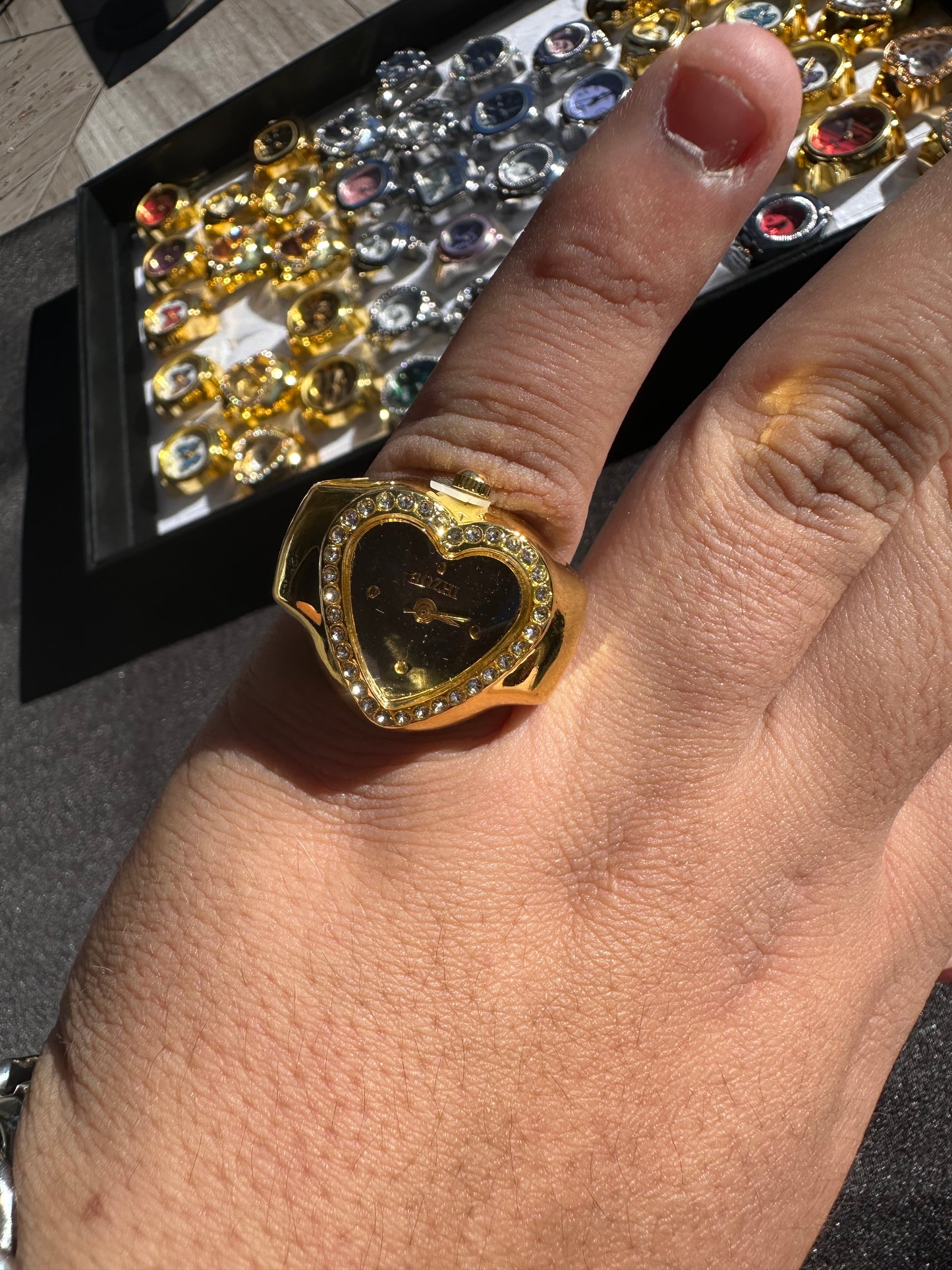 Black Heart Studded Gold Ring Watch