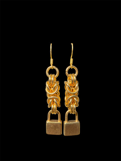 Gold Chainmail Lock Earrings