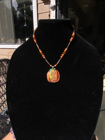 SH Dichroic Glass Fresh Water Pearl Orange Necklace