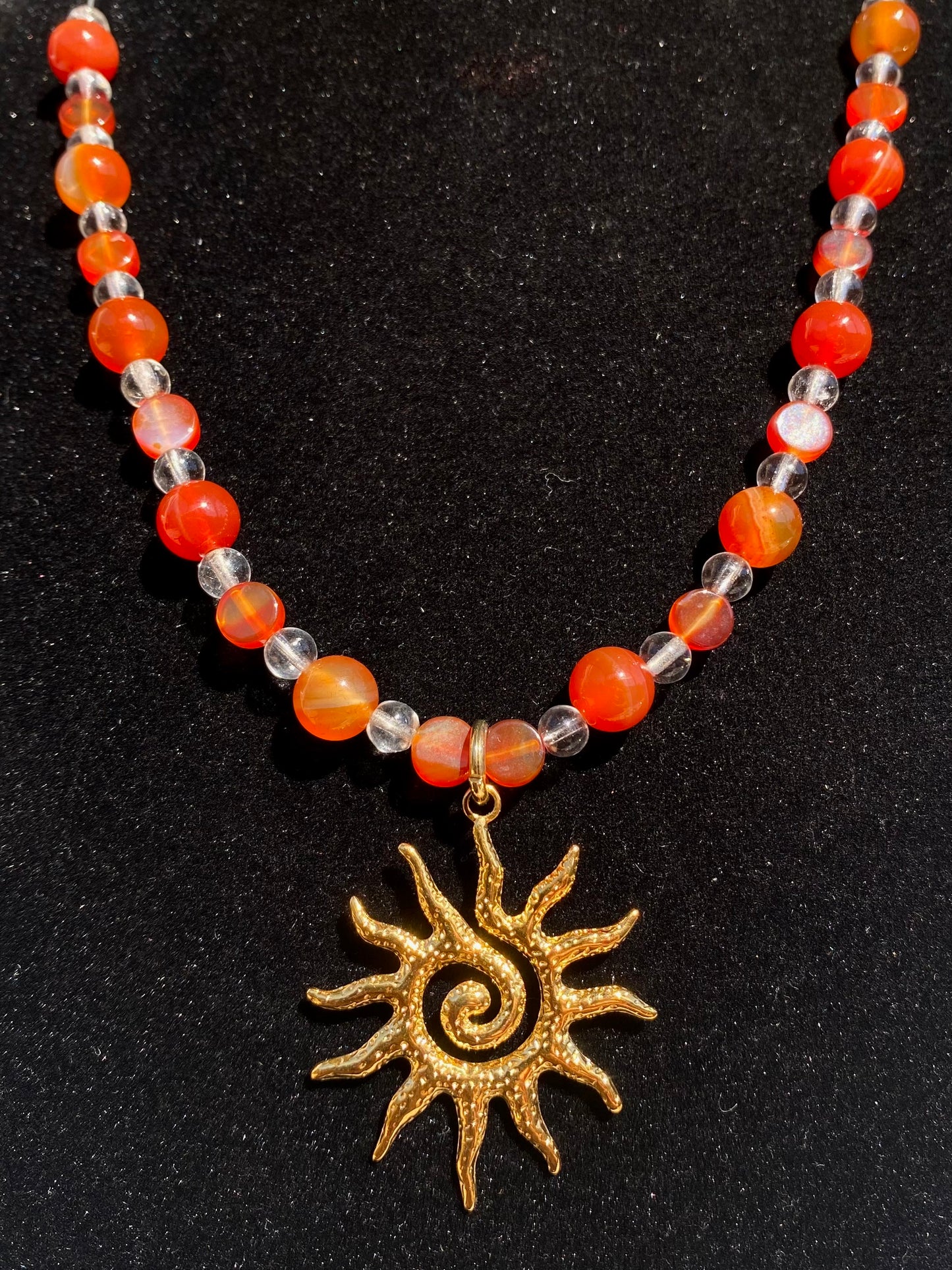 Half Beaded Carnelian & Glass w/ Gold Spiral Sun Necklace