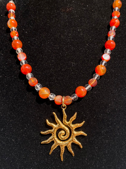 Half Beaded Carnelian & Glass w/ Gold Spiral Sun Necklace