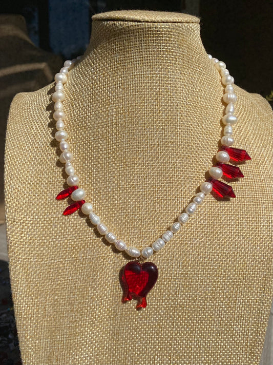 Freshwater Pearls with Red Spike Details & Dripping Heart