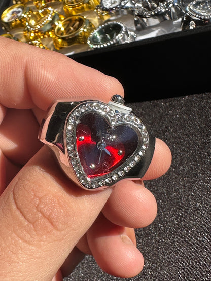 Red Heart Studded Silver Ring Watch