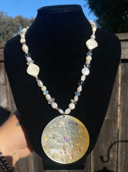 Handmade Resin Shell with Shells, Pearls & Clear Quartz