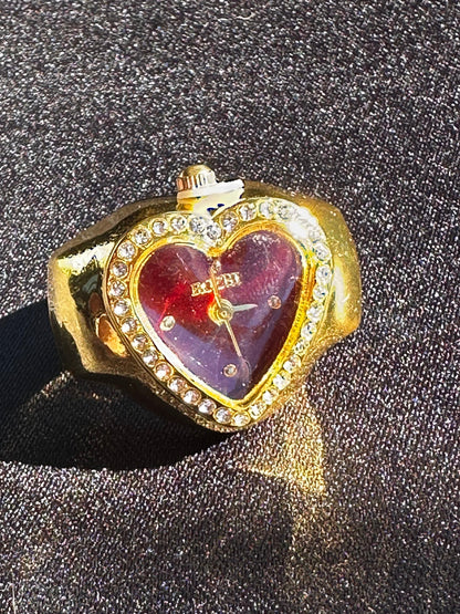 Red Studded Heart Gold Ring Watch