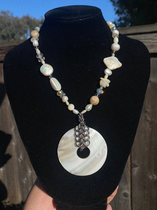 Chainmail Shell Neckalce with Pearls & Clear Quartz