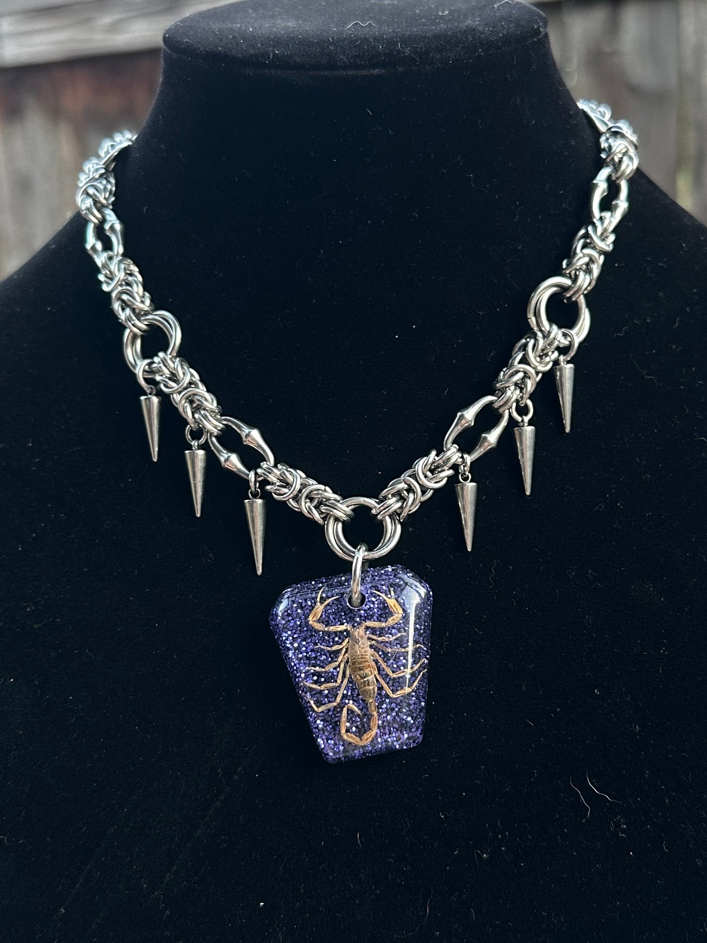 Purple Resin Scorpion w/ Spikes Stainless Steel Chainmaille Necklace