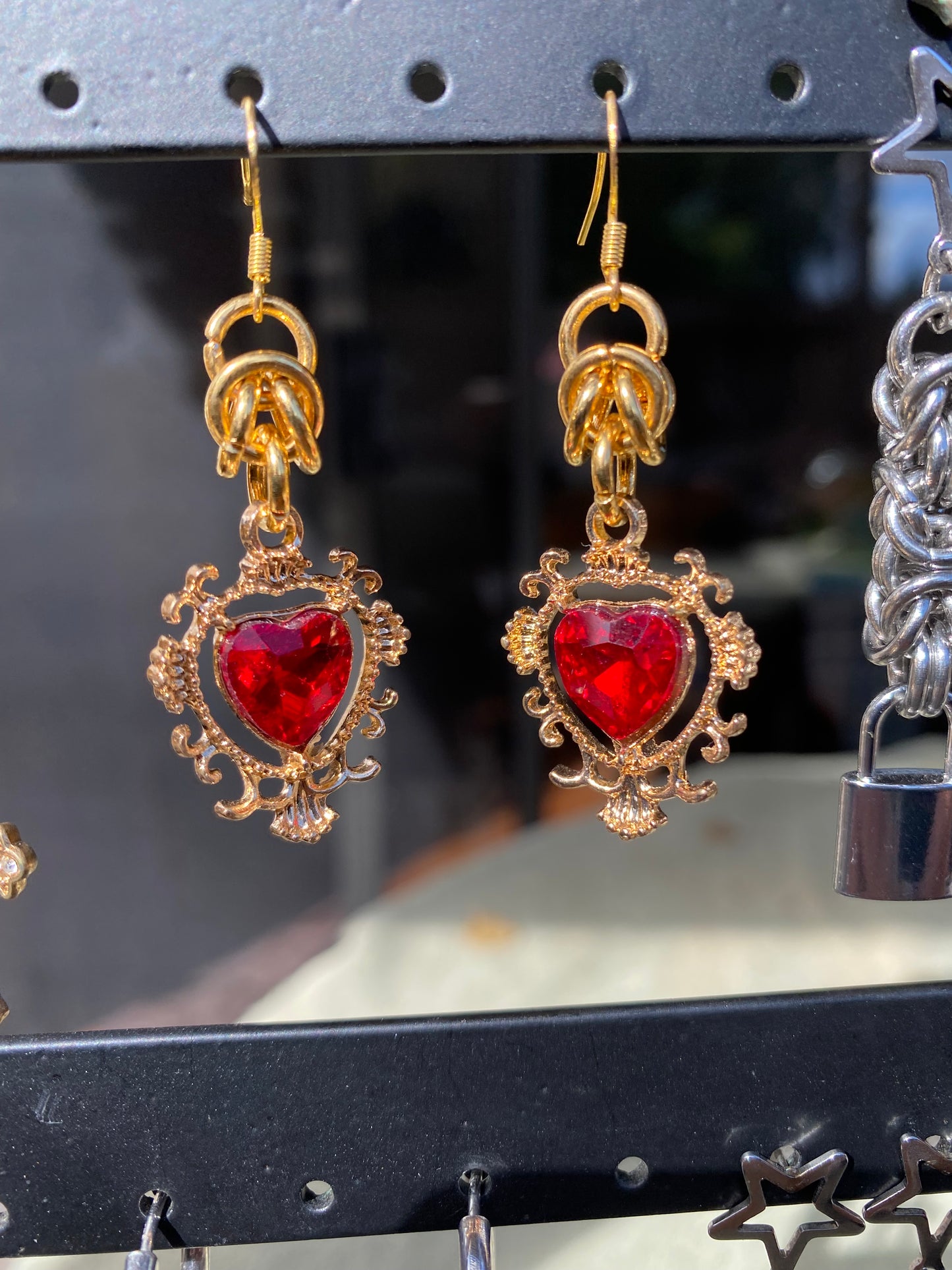 Gold Chainmail Red Heart Earrings