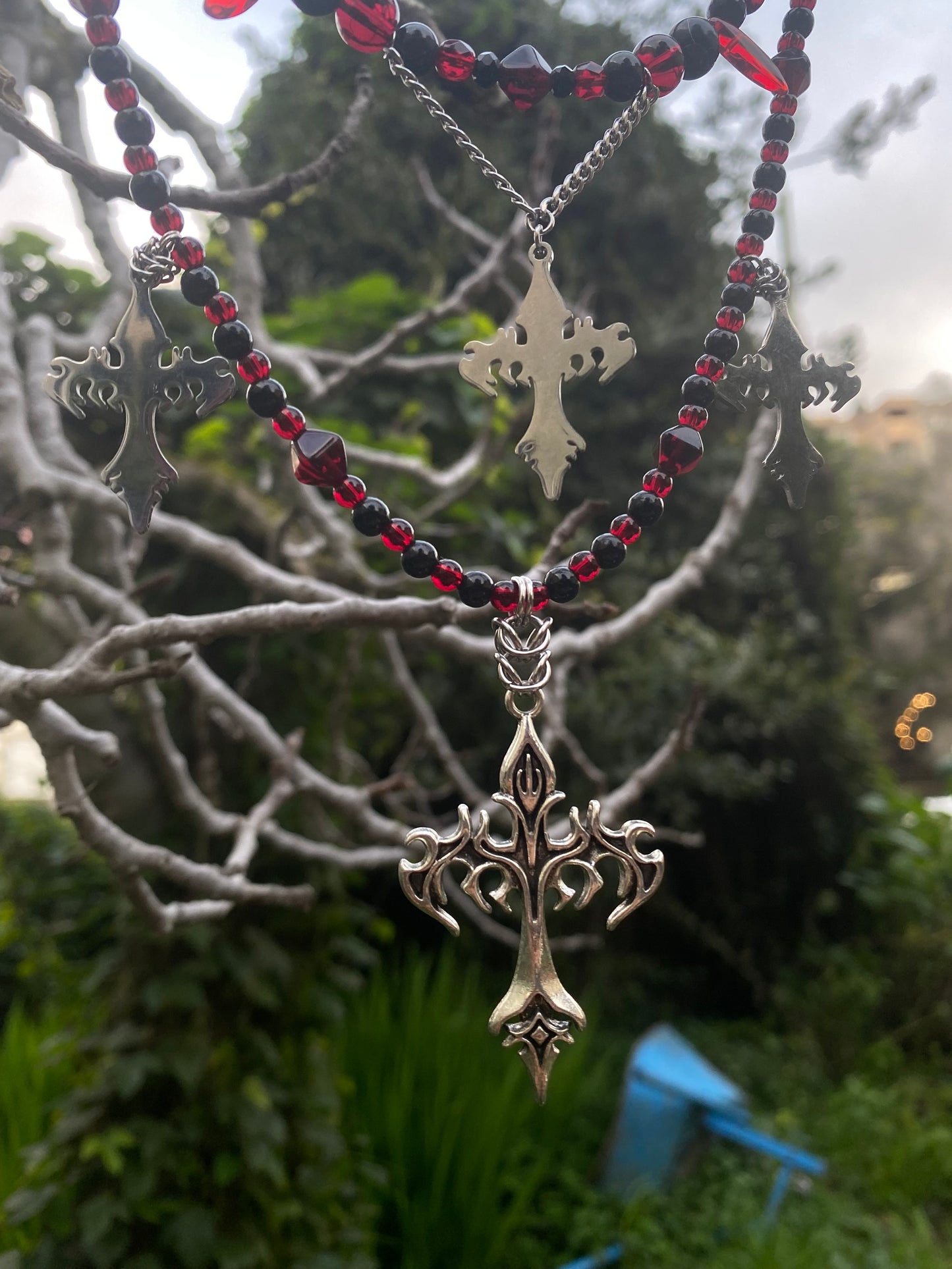 Chainmaile Red & Black Cross Necklace