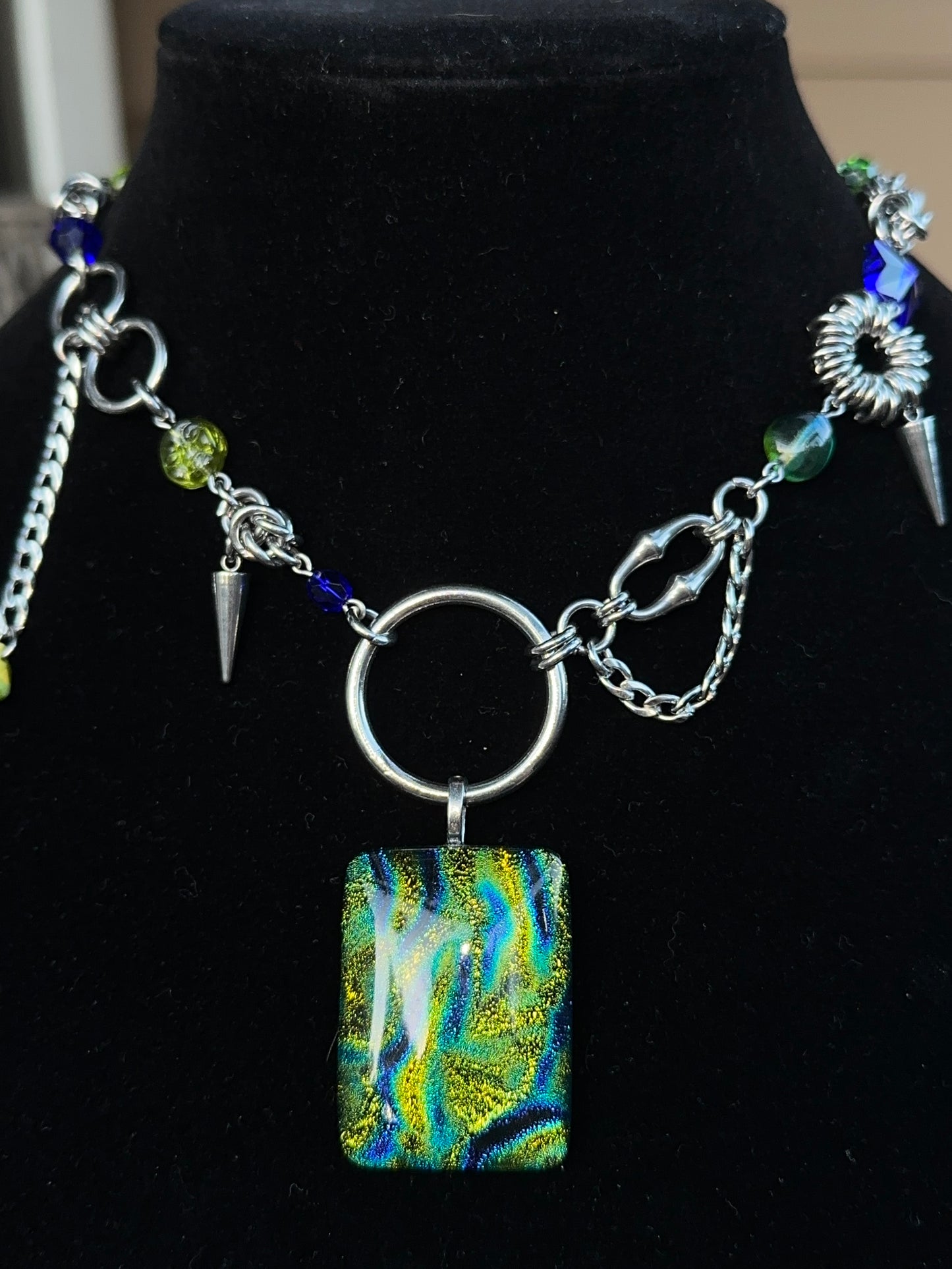 Dichroic Glass Green & Blue Stainless Steel Chainmaille Necklace