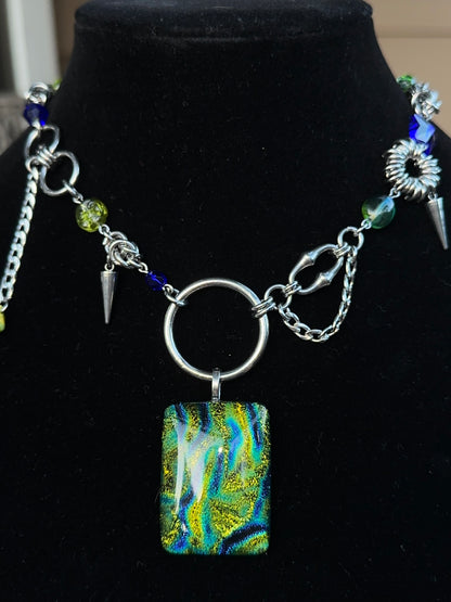 Dichroic Glass Green & Blue Stainless Steel Chainmaille Necklace