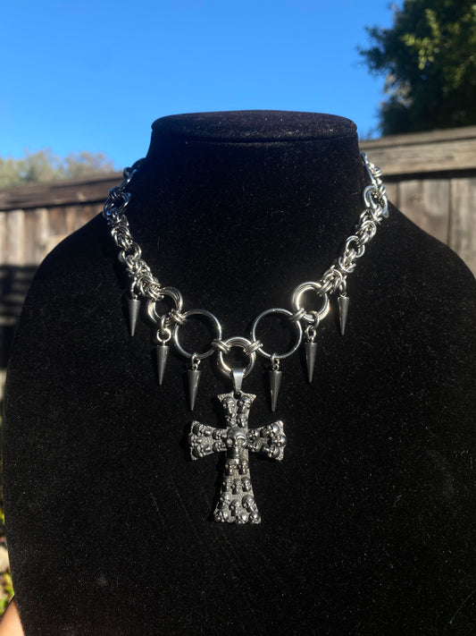 Stainless Steel Chainmail Spike Skull Cross Necklace 