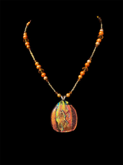 SH Dichroic Glass Fresh Water Pearl Orange Necklace