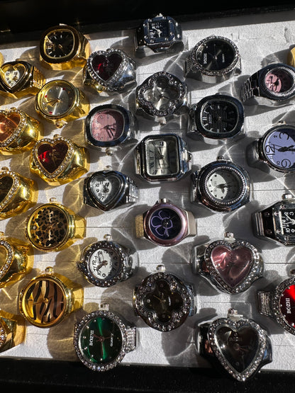 Red Heart Studded Silver Ring Watch