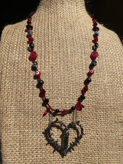 Long Black & Red Spiked Heart Necklace