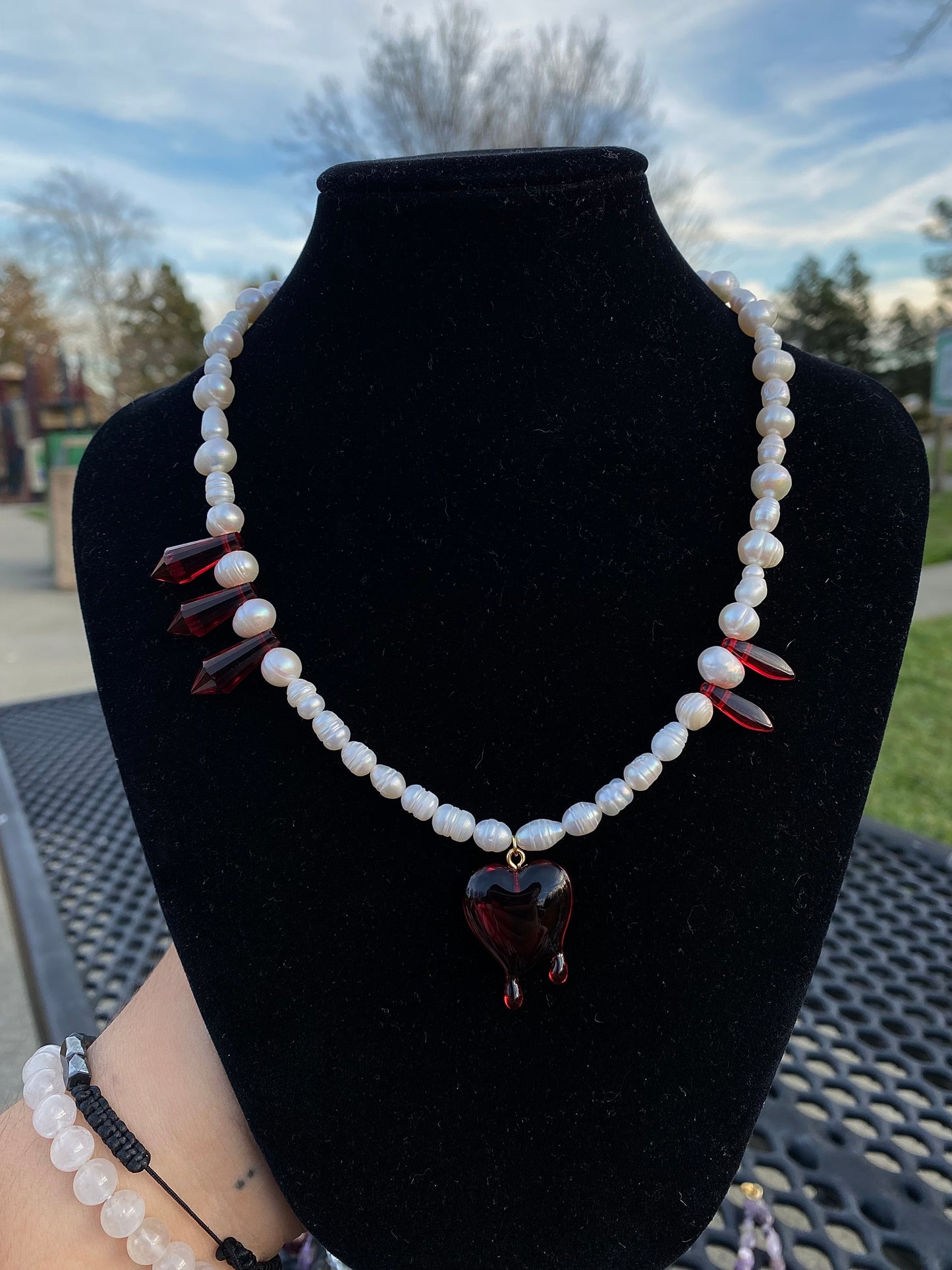 Freshwater Pearls with Red Spike Details & Dripping Heart