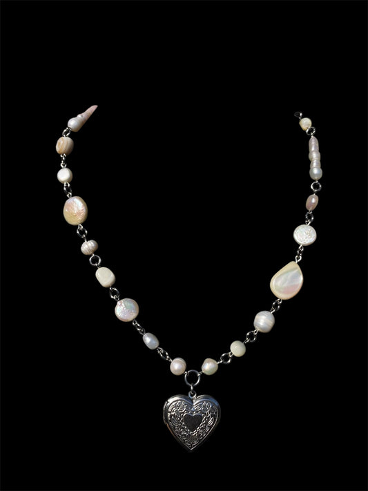 Freshwater Pearl & Shell Heart Locket Necklace