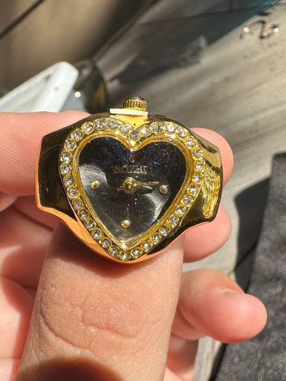 Black Heart Studded Gold Ring Watch