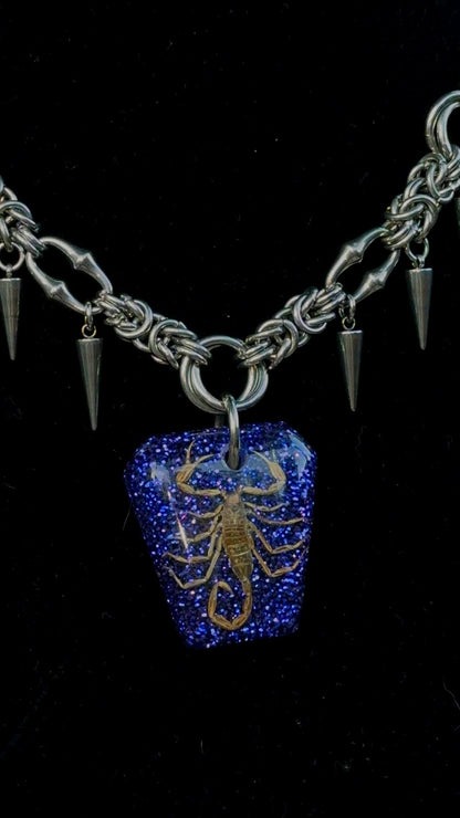 Purple Resin Scorpion w/ Spikes Stainless Steel Chainmaille Necklace