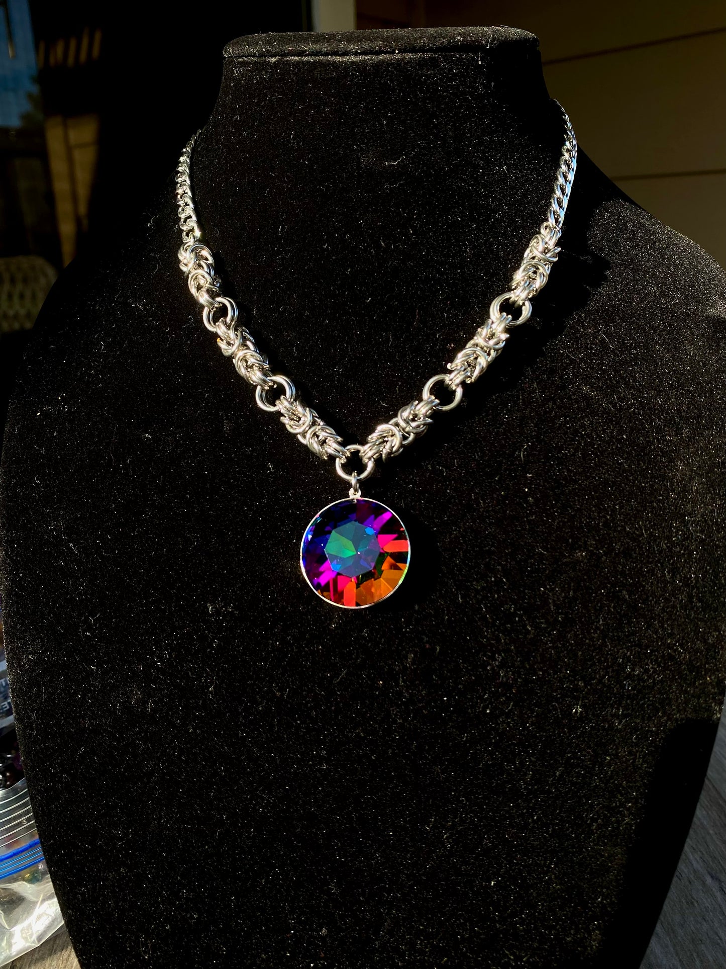 Chainmail Necklace With Shiny Raimbow “Suncatcher” Charm
