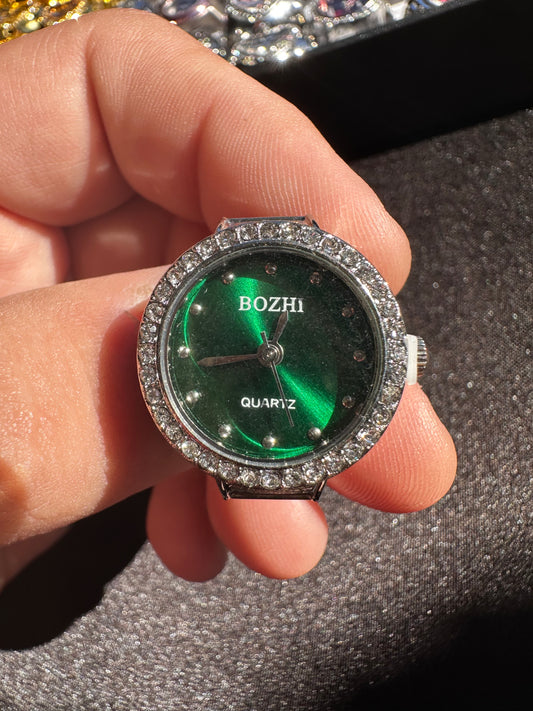 Metallic Green Studded Silver Ring Watch