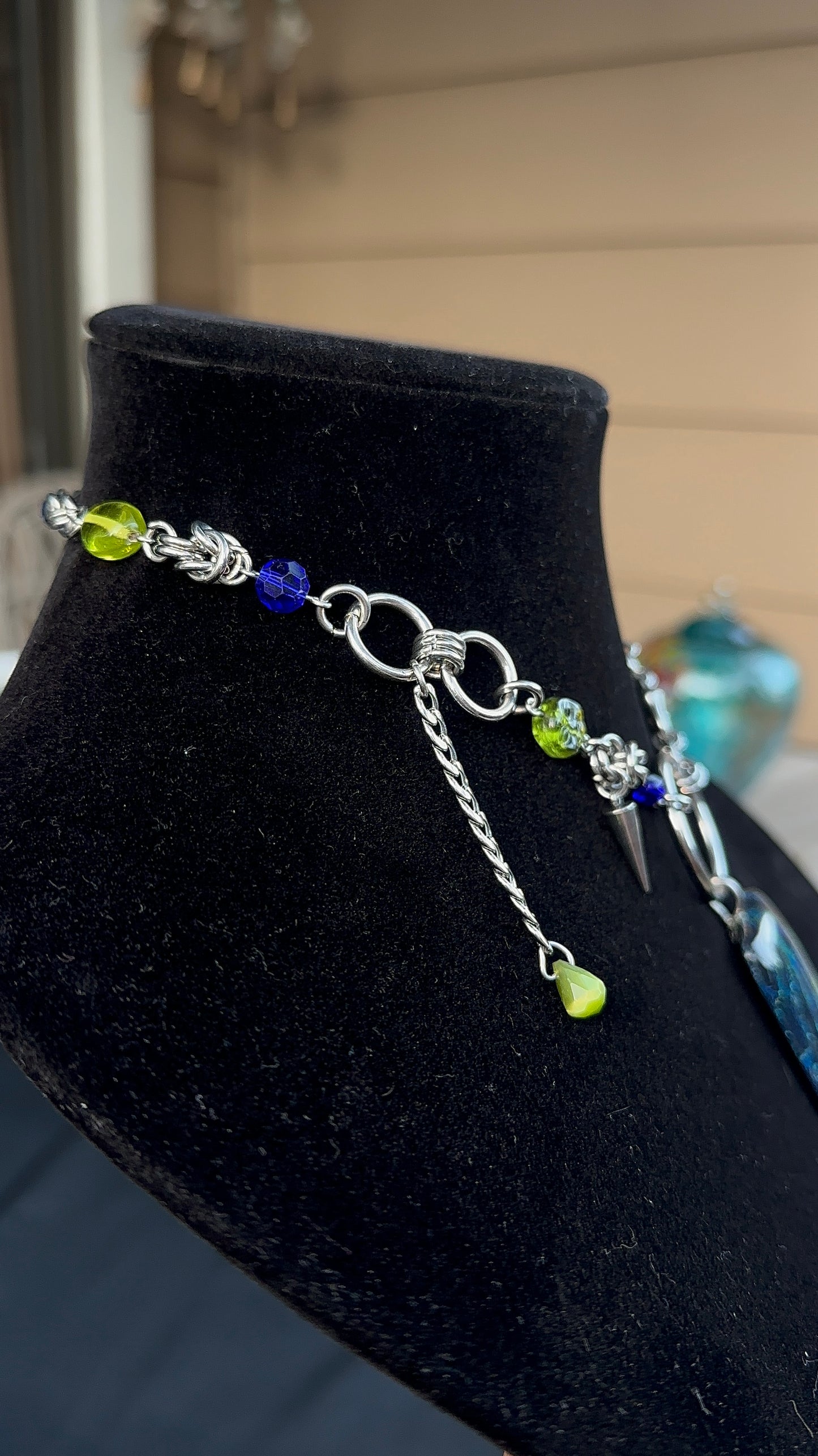 Dichroic Glass Green & Blue Stainless Steel Chainmaille Necklace