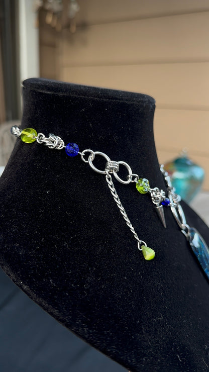 Dichroic Glass Green & Blue Stainless Steel Chainmaille Necklace