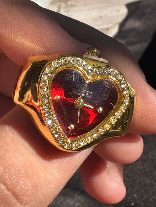 Red Studded Heart Gold Ring Watch