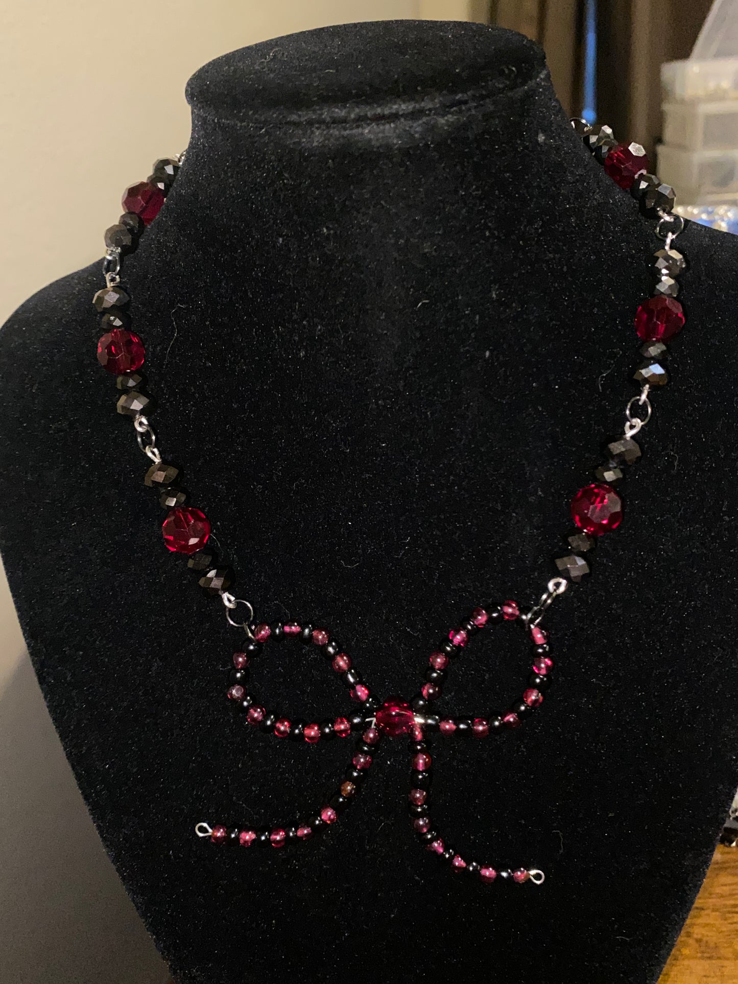 Black & Red Garnet Bow Necklace