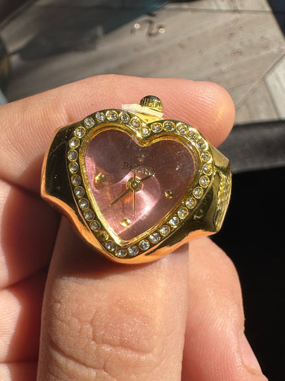 Pink Heart Studded Gold Ring Watch