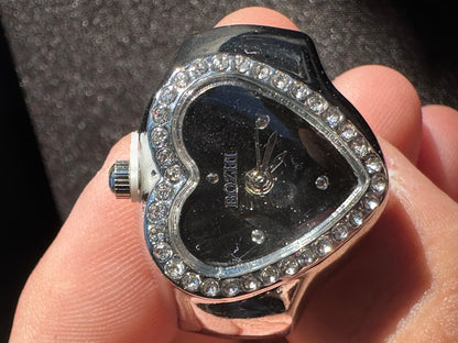 Black Heart Studded Silver Ring Watch