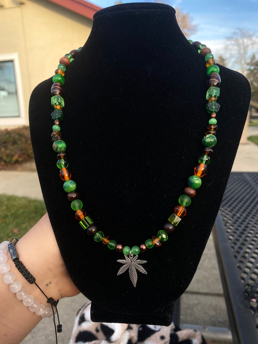 Green & Brown Marijuana Leaf Necklace