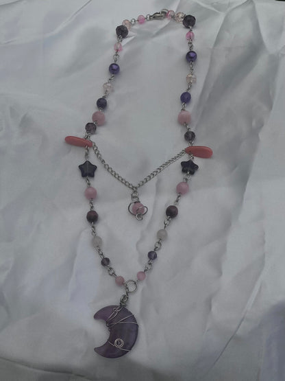 Celestial Pink & Purple Amethyst Wire Wrapped Moon Necklace