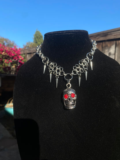 Stainless Steel Chainmail Spike Skull Necklace 