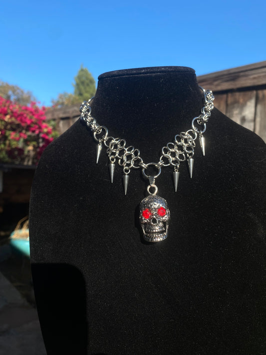 Stainless Steel Chainmail Spike Skull Necklace 