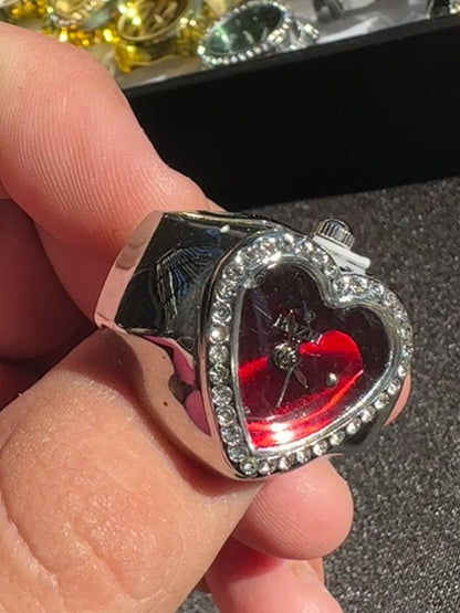 Red Heart Studded Silver Ring Watch