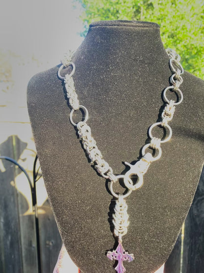 Front Clasp Asymmetrical Cross Chainmail Necklace