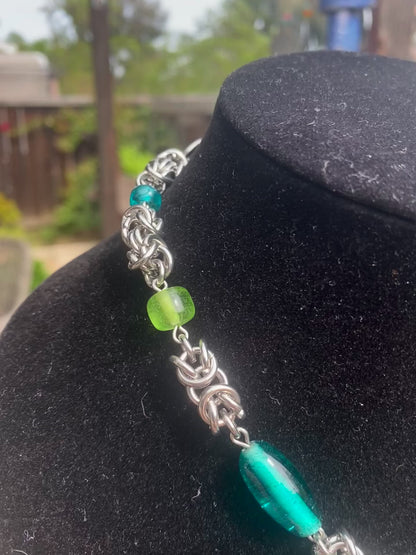 Blue & Green Dichroic Glass Chainmaile Necklace