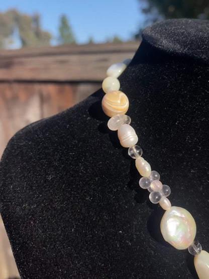 Chainmail Shell Neckalce with Pearls & Clear Quartz